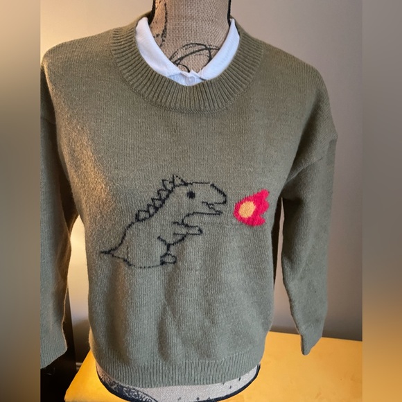 Green Dinosaur sweater fits like xs /s - Picture 3 of 5